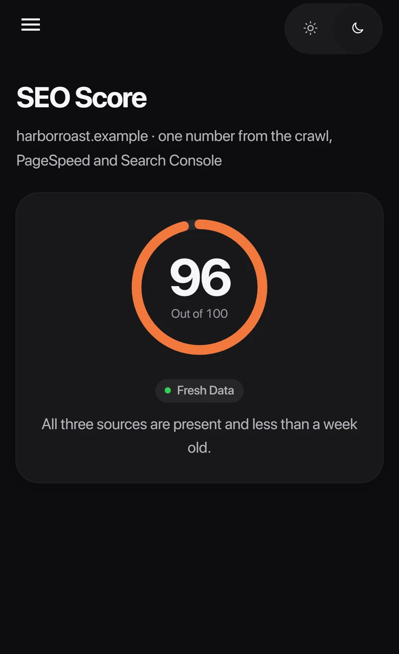The SEO Score page on a phone.