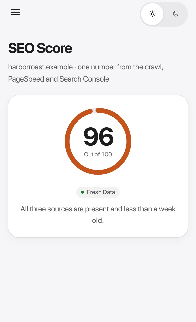The SEO Score page on a phone.