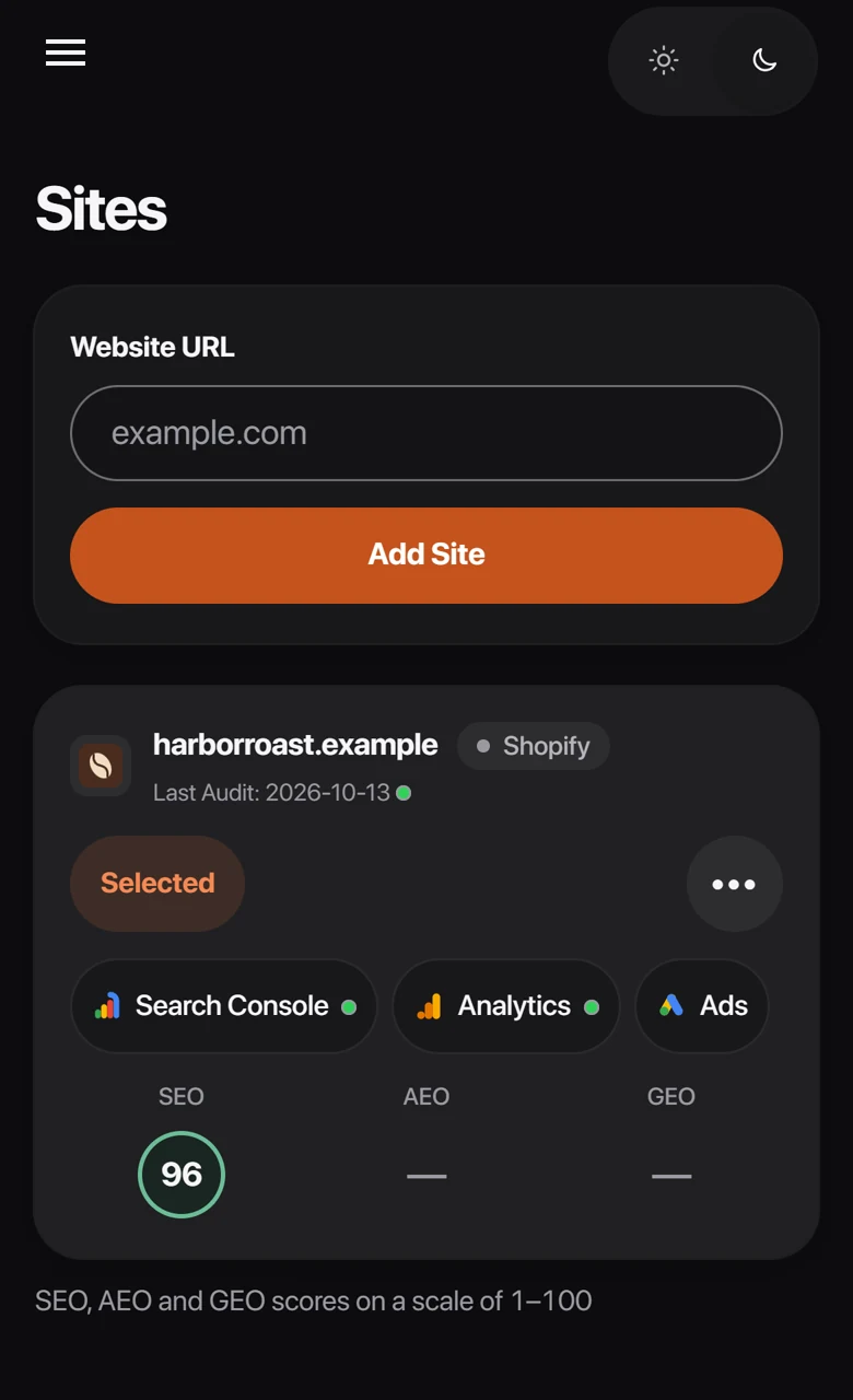 The Sites page on a phone.