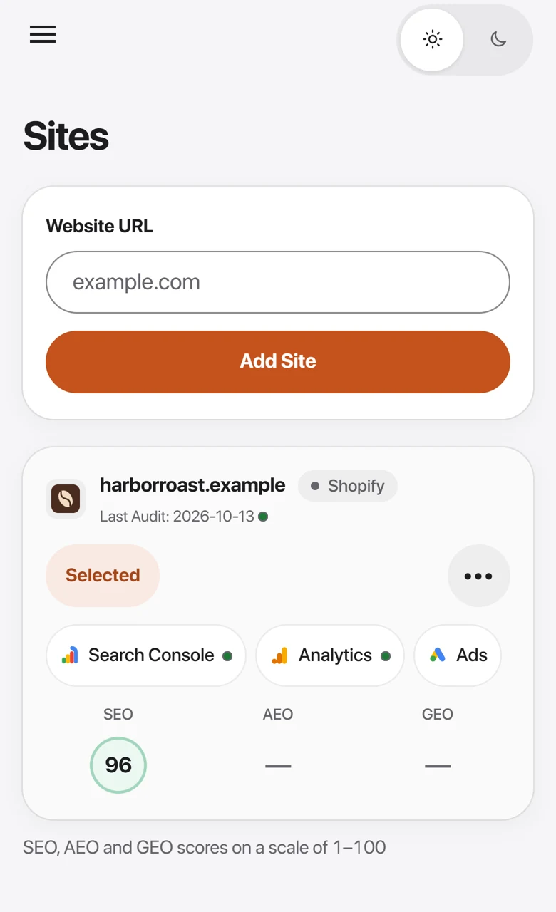The Sites page on a phone.